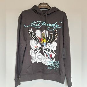 Ed Hardy Men’s Hoodie Sweater Eagle Skull Print Sz M Charcoal Color NWT